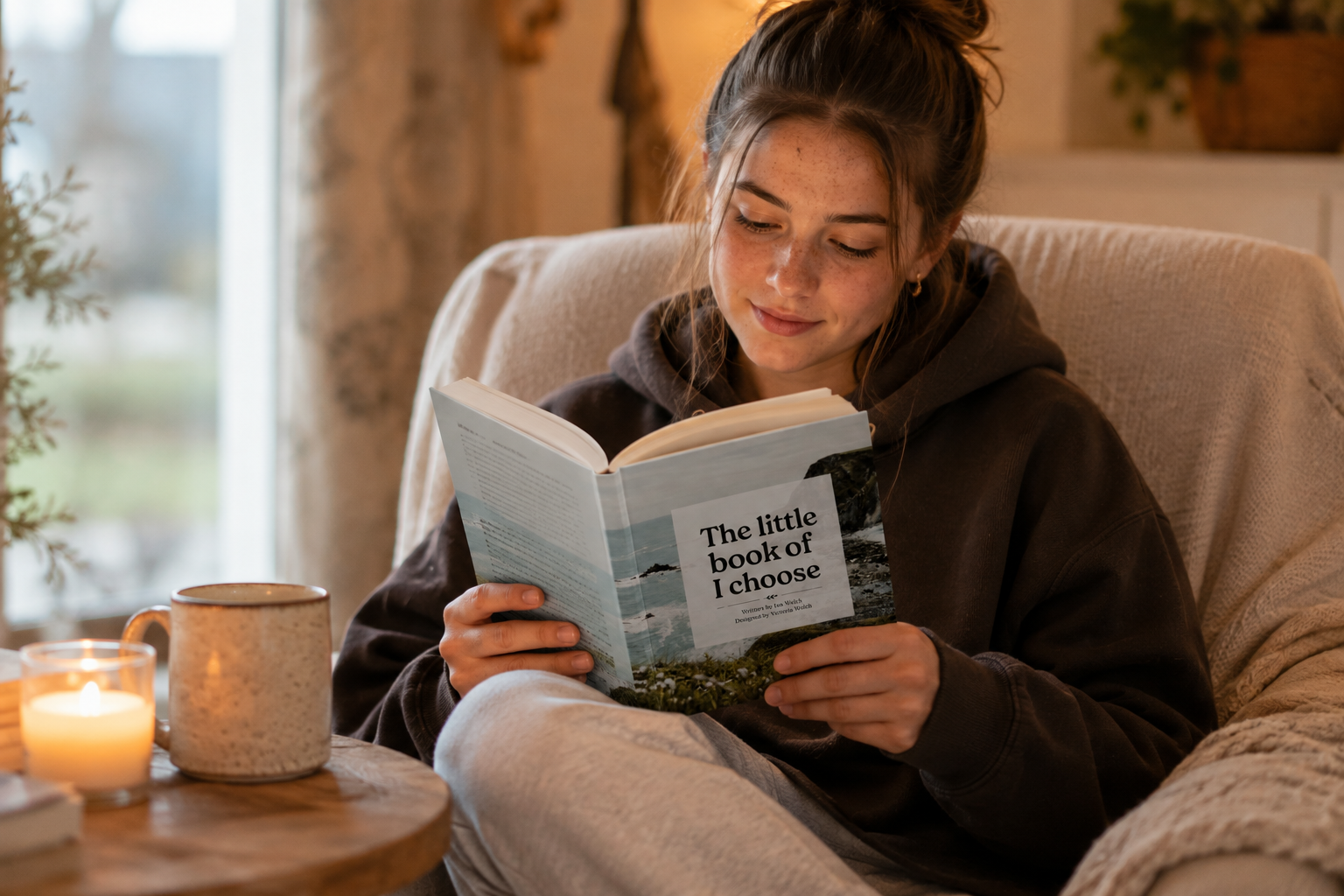A reader with The Little Book of I Choose beside a candle and a cup of tea