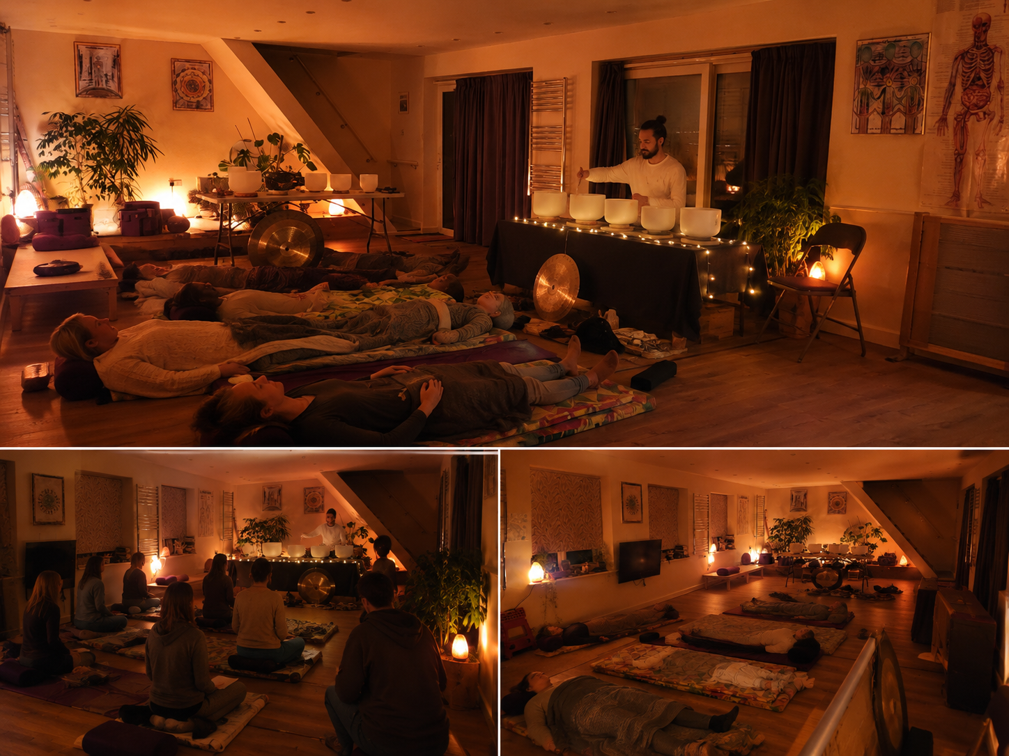 Three views of a real sound healing evening: bowls being played, a seated circle, and guests resting under blankets
