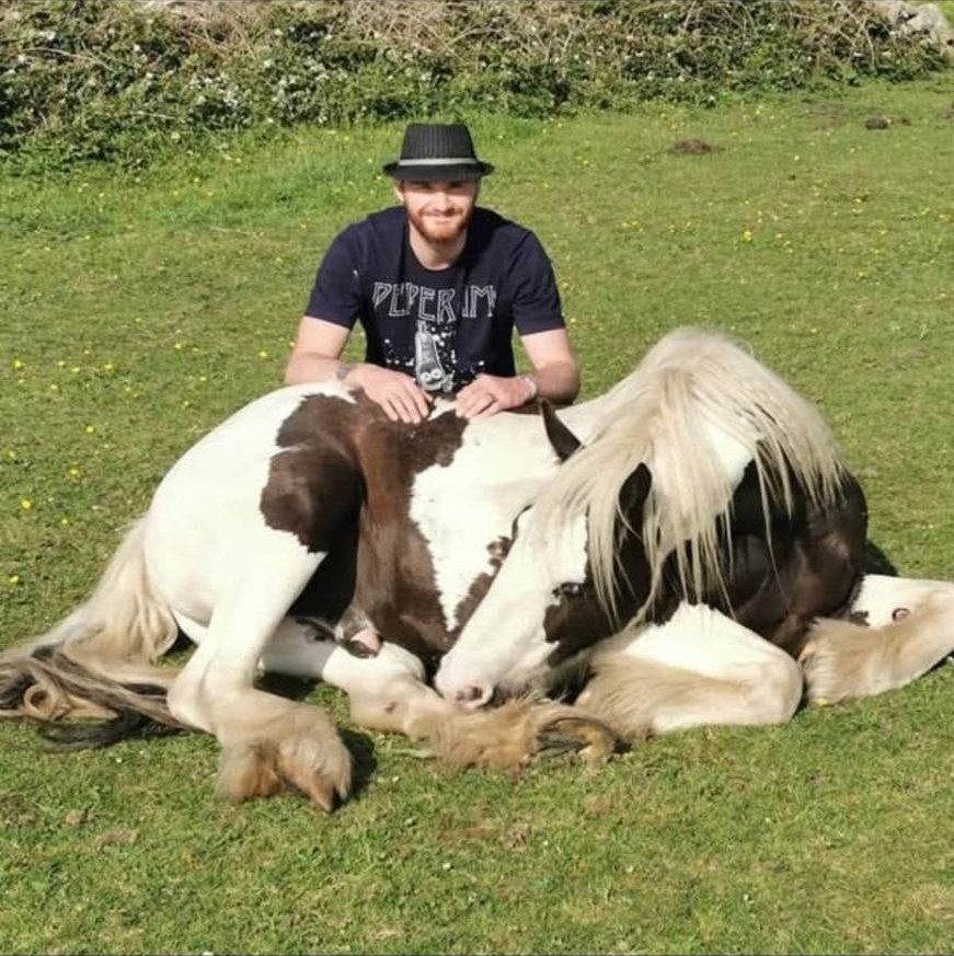 A man sitting calmly beside two cobs lying in the grass