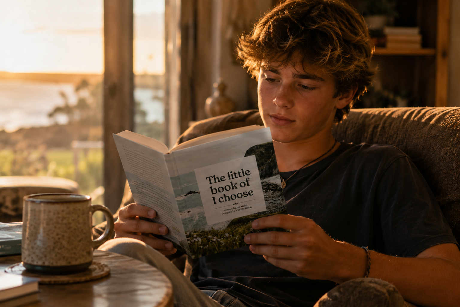 A reader with The Little Book of I Choose in golden evening light