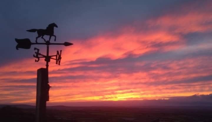 A horse weathervane against a red Cornish sunset