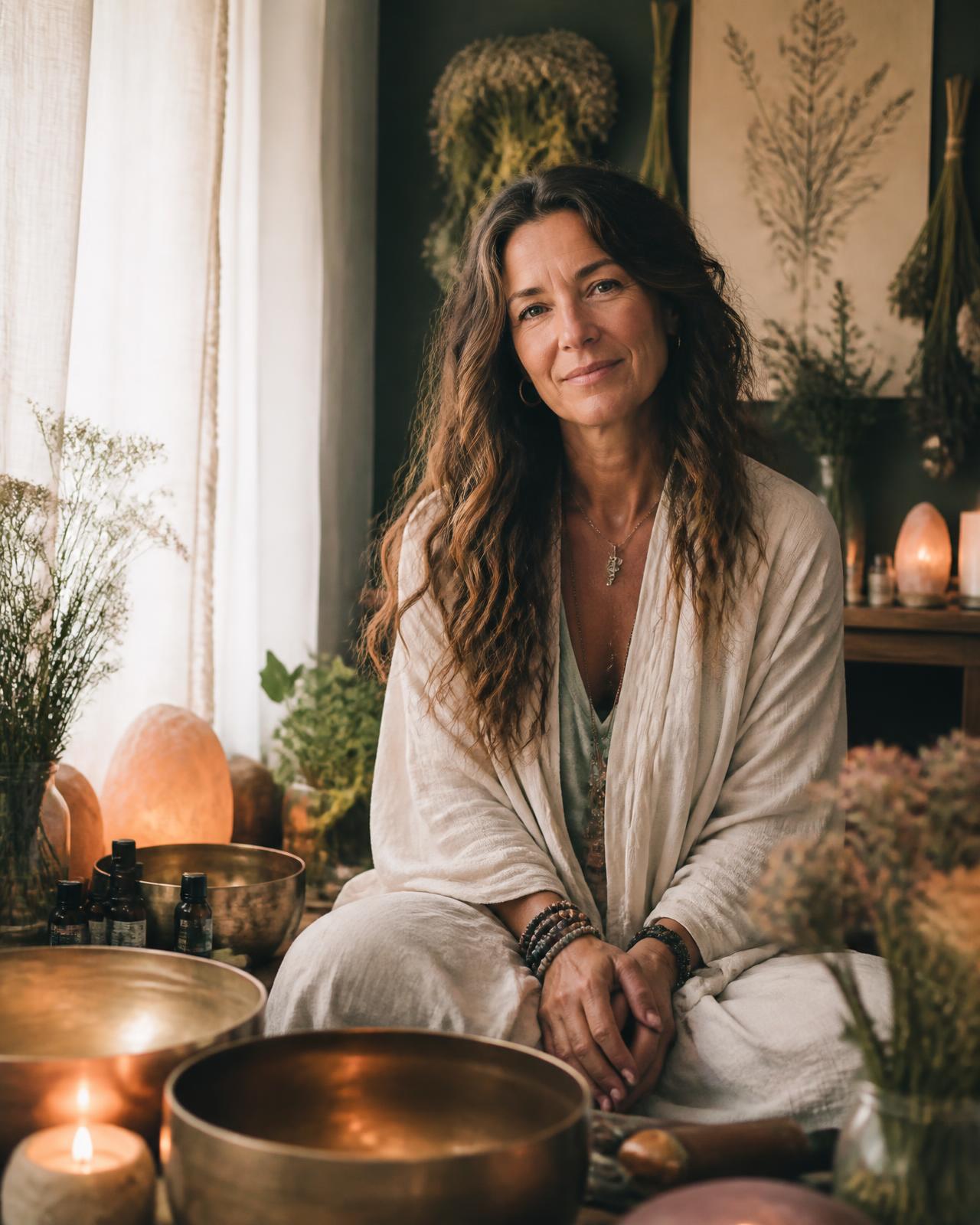 Healing practitioner in a softly lit sanctuary room with singing bowls and Himalayan salt lamps